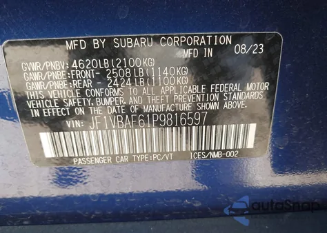 2023 Subaru Wrx Premium из США, поврежденный, VIN JF1VBAF61P9816597